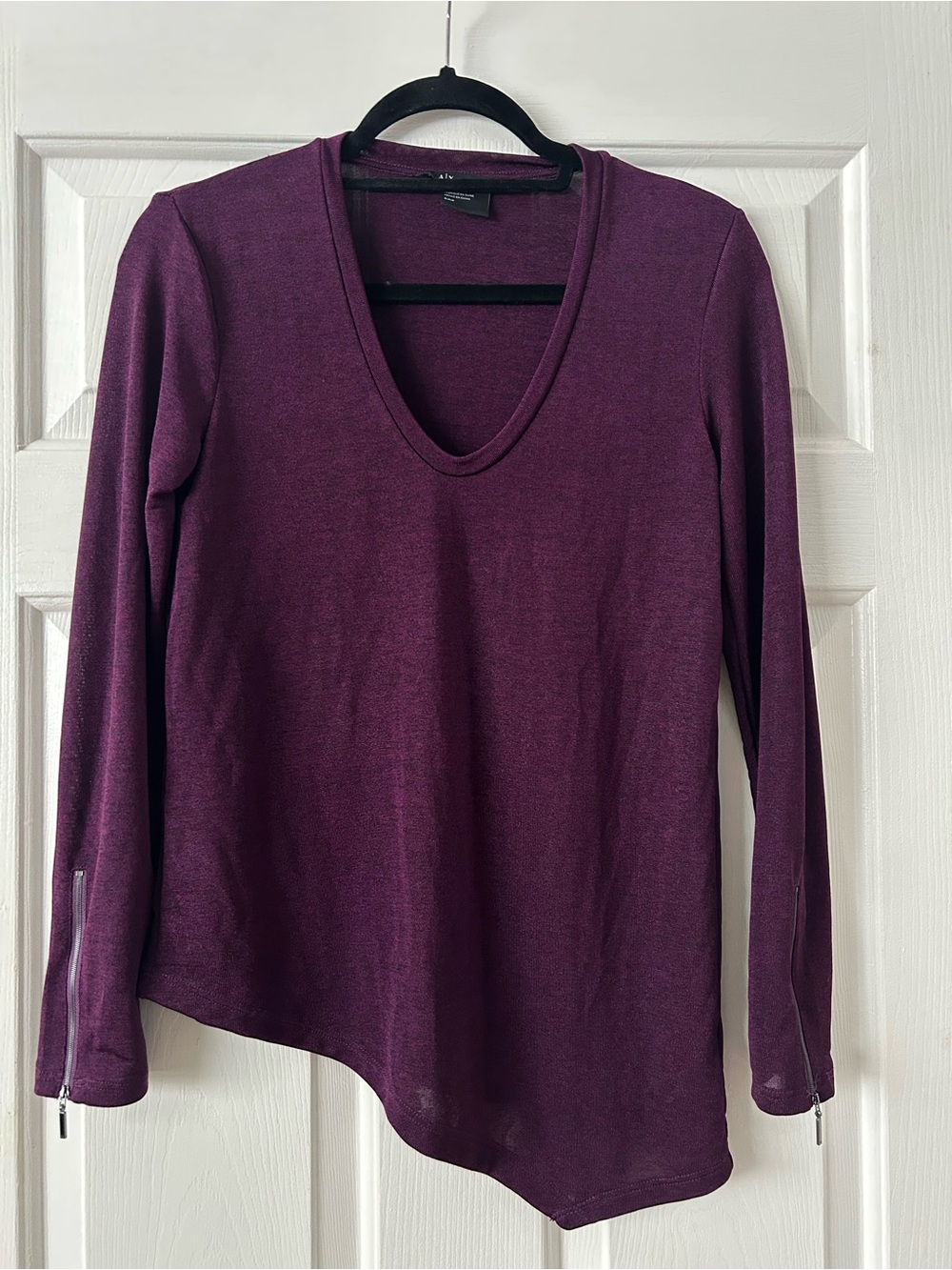 Armani Exchange Plum V-Neck Long-Sleeve Top with Sleeve Zippers